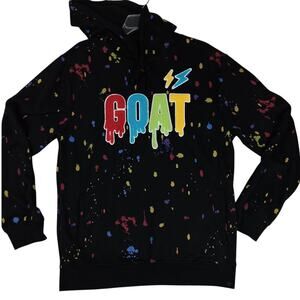Rebel Minds GOAT Fleece Hoodie Mens Large Black Paint Splatter Patch Embroidered